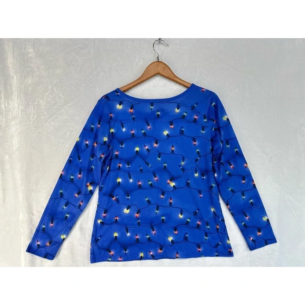 Target Christmas Lights PJ Top‎ Womens Large Blue Scoop Neck Long Sleeve Tee